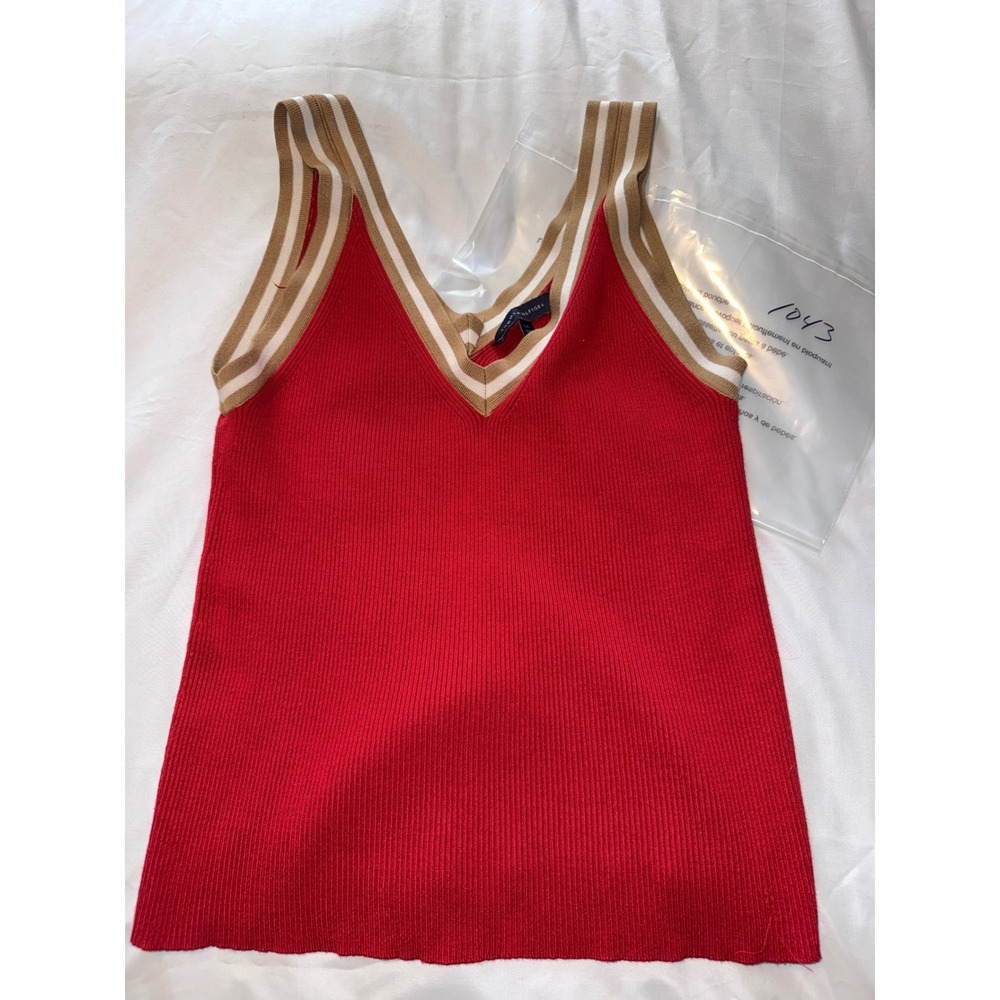 Tommy Hilfiger Red Ribbed Knit V-Neck Sweater Tank Top Varsity Stripe Trim L